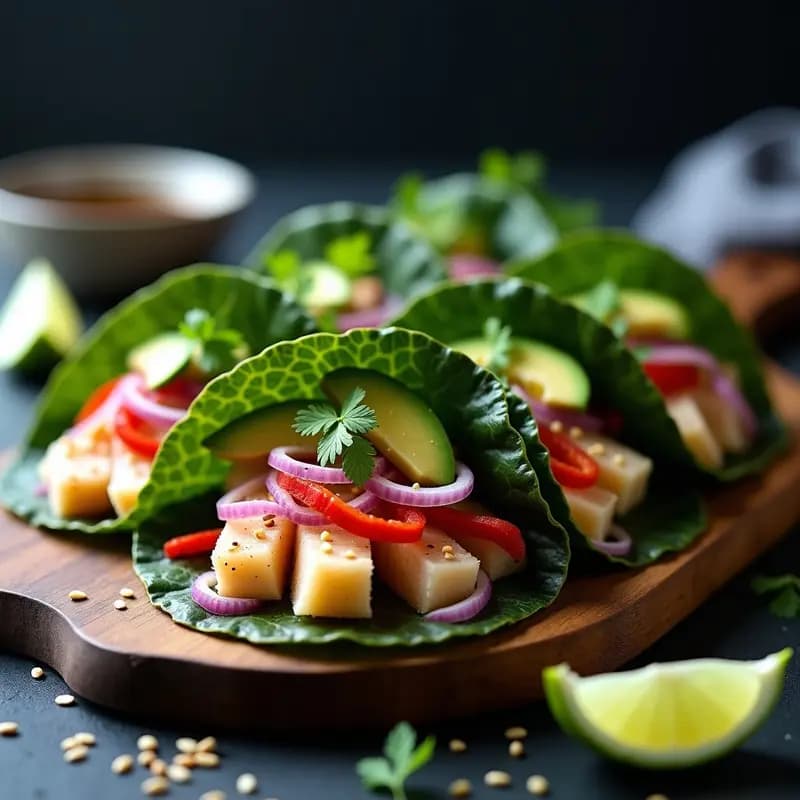Tacos abiertos de algas nori rellenos de ceviche de corvina con aguacate, cebolla morada y semillas de sésamo, servidos en plato blanco sobre fondo de madera. Receta fusión peruana-japonesa sin gluten.