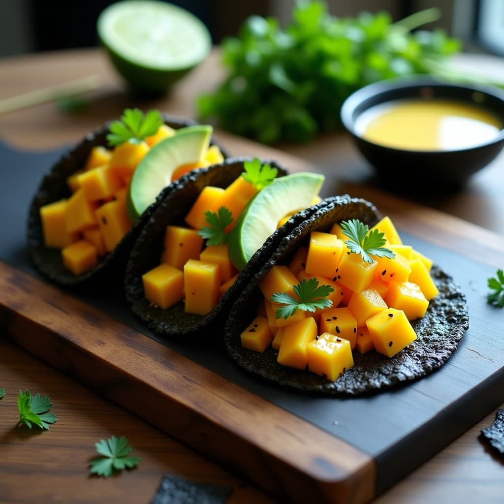 Tacos de algas nori tostadas rellenos de ceviche de mango marinado en leche de tigre, aguacate en láminas y semillas de sésamo negro, sobre una tabla de madera oscura con fondo minimalista.
