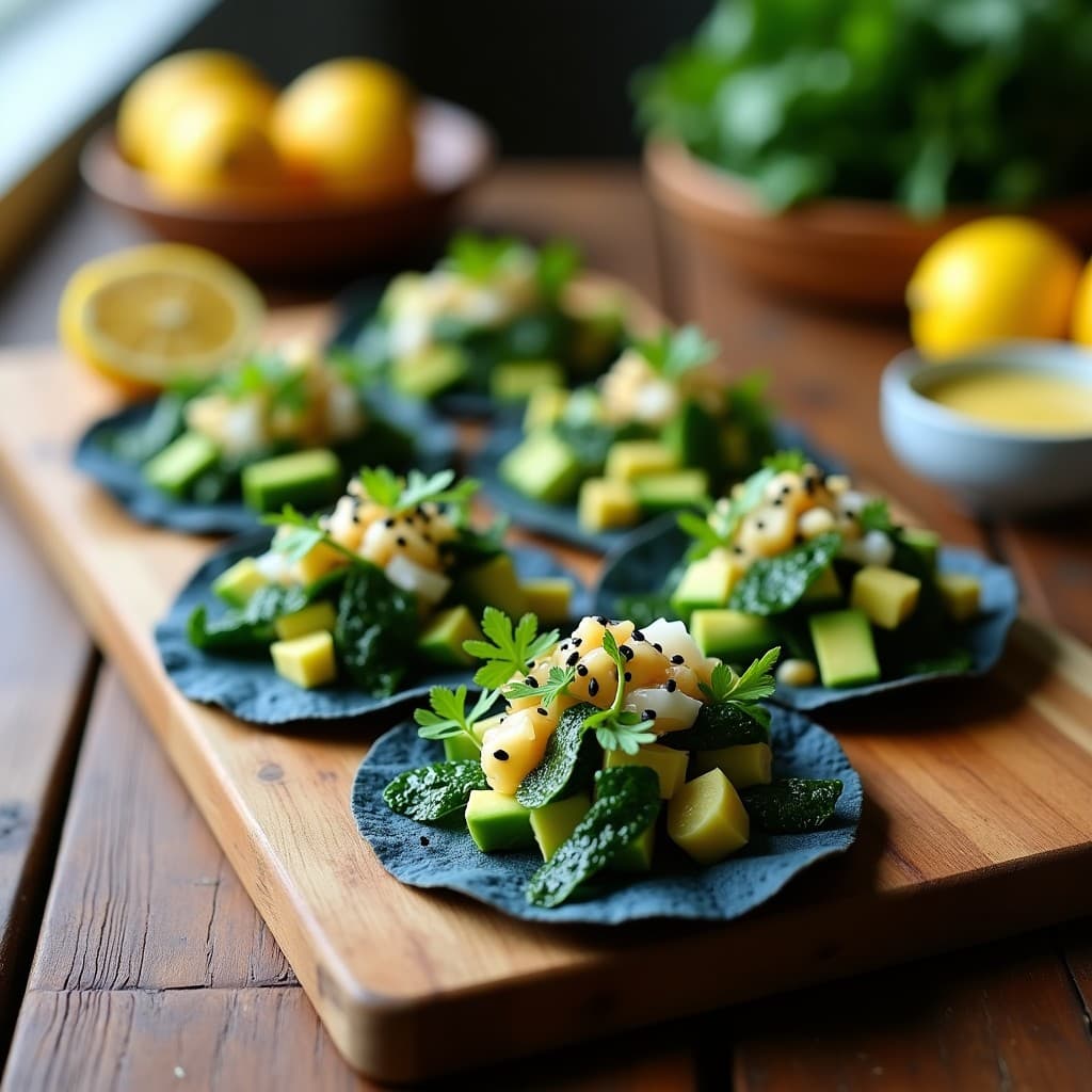 Plato de tacos abiertos de algas wakame hidratadas y aguacate en cubos sobre tortillas de maíz azules, bañados con salsa de limón yuzu y decorados con semillas de sésamo negro y cilantro fresco.