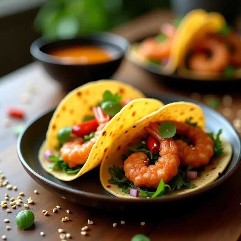 Tacos de algas wakame y langostinos dorados en airfryer, con salsa de yuzu brillante, cebolla morada y pimiento rojo. Plato japonés sin gluten sobre fondo rústico de madera, con semillas de sésamo espolvoreadas.