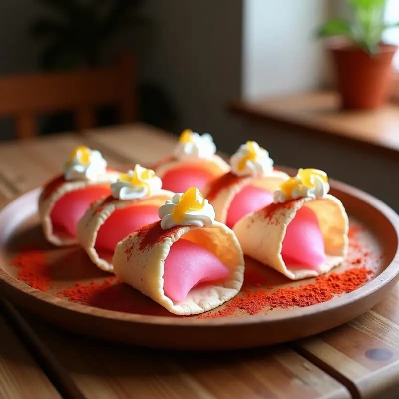 Tacos de algodón de azúcar rosa y chili con crema ácida, presentados en un plato de madera rústica. El algodón de azúcar asoma por los bordes de las tortillas de maíz, con un hilo de miel brillante y crema ácida blanca contrastando con el color rosa. Chili en polvo espolvoreado por encima y fondo desenfocado con tonos cálidos.
