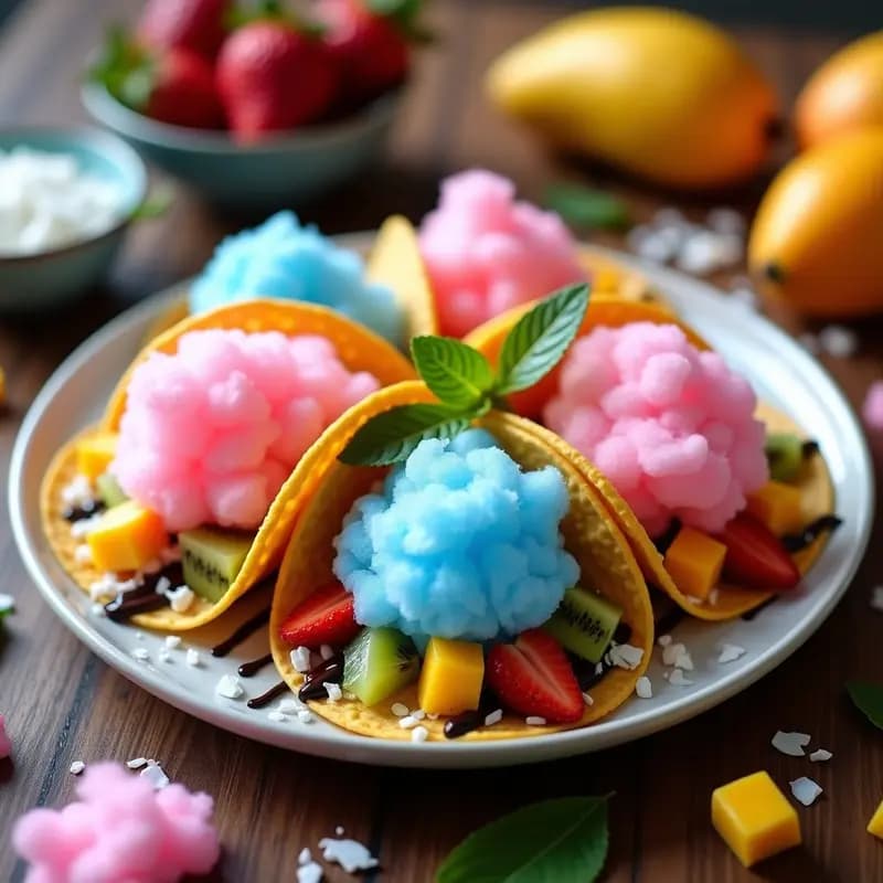 Tacos de algodón de azúcar rosado y azul con fresas, kiwi y mango frescos, decorados con virutas de coco y menta, sobre una mesa de madera rústica. Receta de tacos de algodón de azúcar con fruta colorida y viral.