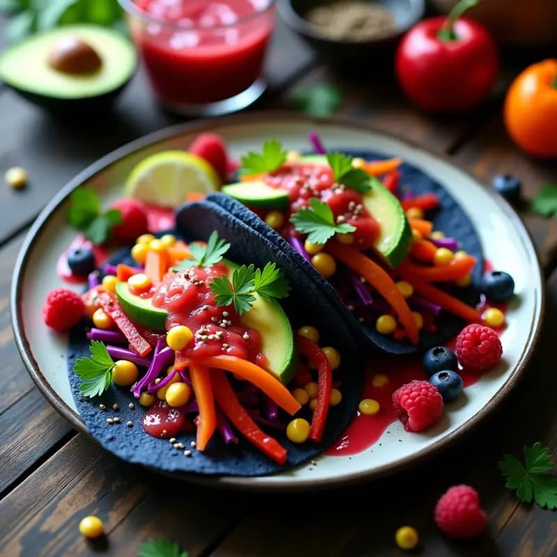 Plato colorido con tacos de maíz azul rellenos de capas de vegetales en arcoíris (lechuga, pepino, pimiento rojo, zanahoria morada, remolacha, pimiento amarillo, repollo morado, maíz y aguacate), bañados con salsa rosa de frutos rojos y decorados con cilantro y semillas de chía. Receta vegana y crudivegana de tacos arcoíris de vegetales con salsa de frutos rojos.