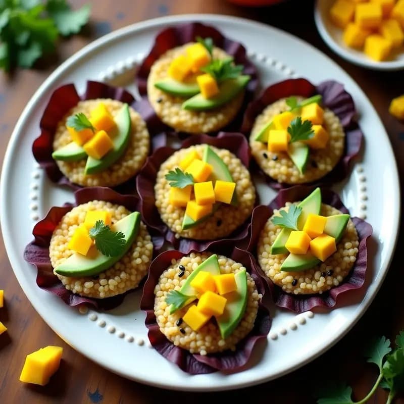 Tacos veganos virales de arroz inflado crujiente con láminas de aguacate verde, caviar de mango amarillo brillante y decoración de cilantro y sésamo sobre hoja de lechuga morada, servidos en plato blanco rústico con fondo borroso.