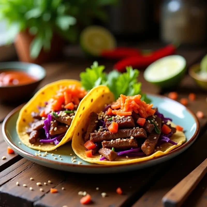 Tacos abiertos de maíz con carne de cerdo marinada en salsa bulgogi, kimchi fermentado, cebolla morada salteada, semillas de sésamo tostadas y cebollino fresco, servidos en un plato de madera rústico con fondo oscuro.