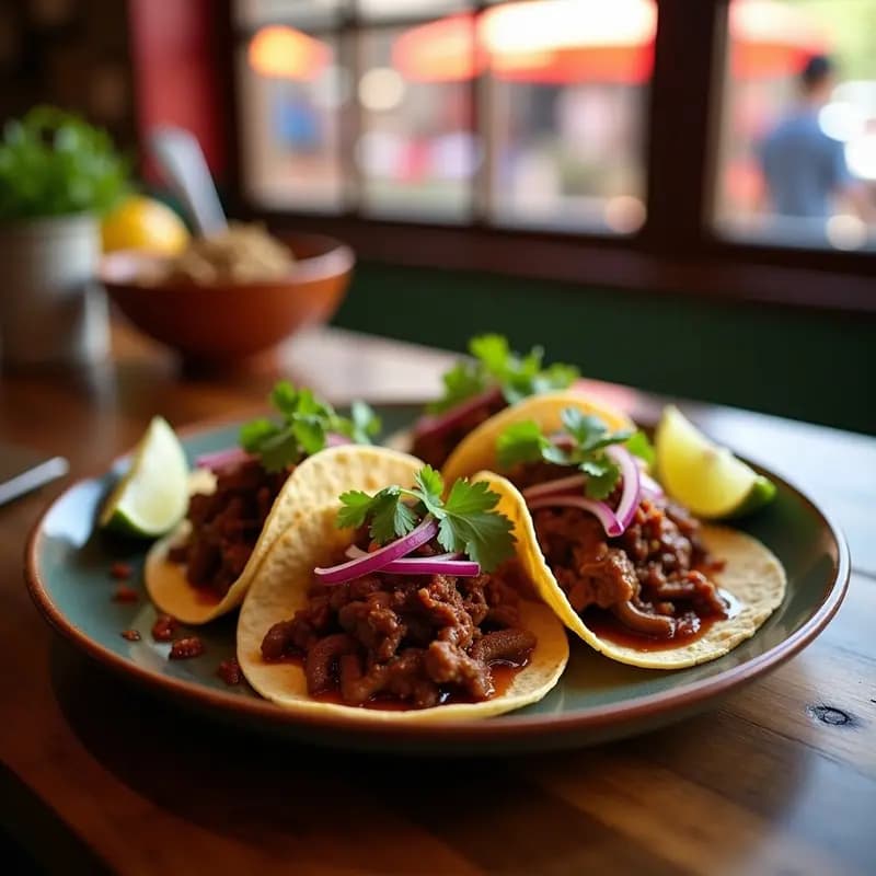 Plato de tacos de barbacoa de res con salsa borracha en tortillas de maíz azules, acompañados de cebolla morada, cilantro fresco y gajos de limón, estilo callejero mexicano.
