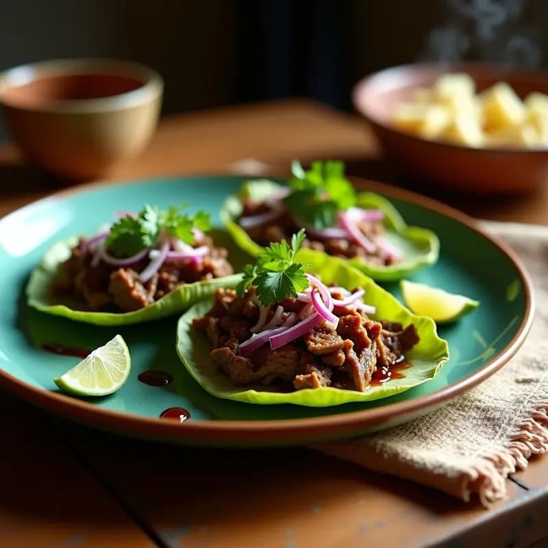 Tacos de barbacoa de res servidos en hojas de nopal asadas, con carne deshebrada jugosa, cebolla morada, salsa verde y un toque de cilantro fresco. Plato tradicional mexicano sin tortilla, alto en fibra y proteína.