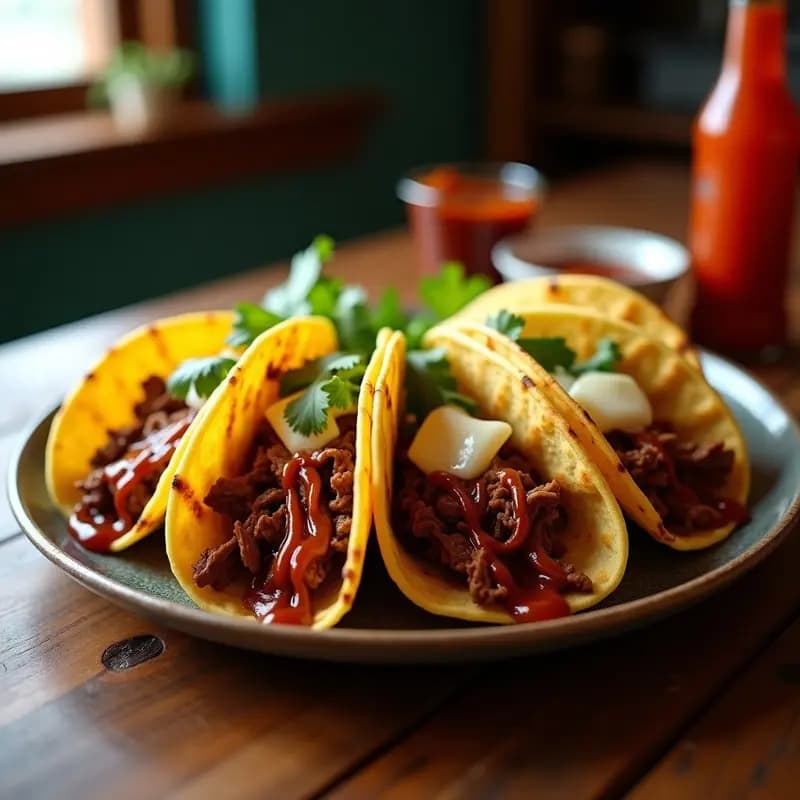Plato de tacos de barbacoa de res con queso provolone derretido y salsa barbacoa ahumada, servidos en tortillas de maíz doradas con cebolla morada encurtida y cilantro fresco, receta para fiestas.