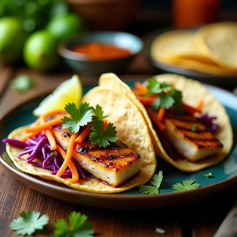 Plato de tacos de Barbados con pescado a la plancha desmenuzado, salsa de tamarindo brillante, repollo verde, aguacate y cebolla morada sobre tortillas de maíz azules, decorado con cilantro fresco.