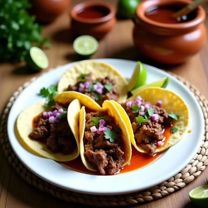 Plato de tacos de birria de cordero en tortillas de maíz azul, bañados en consomé de chile oscuro, con cebolla morada encurtida, cilantro fresco y limón. Receta tradicional mexicana para fiestas.