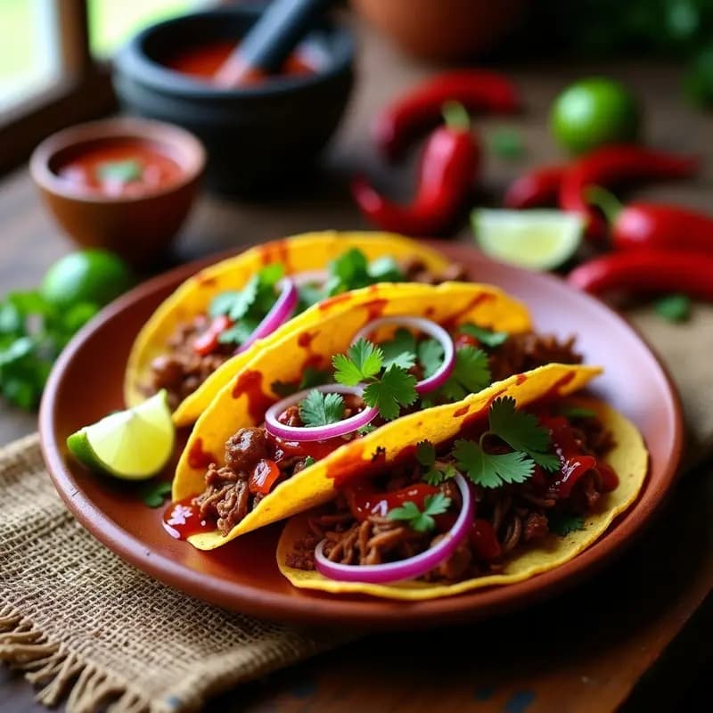Plato de tacos dorados de birria de cordero estilo Jalisco, bañados en consomé espeso, acompañados de cebolla morada en juliana, cilantro fresco y gajos de limón verde sobre un mantel rústico de tela.