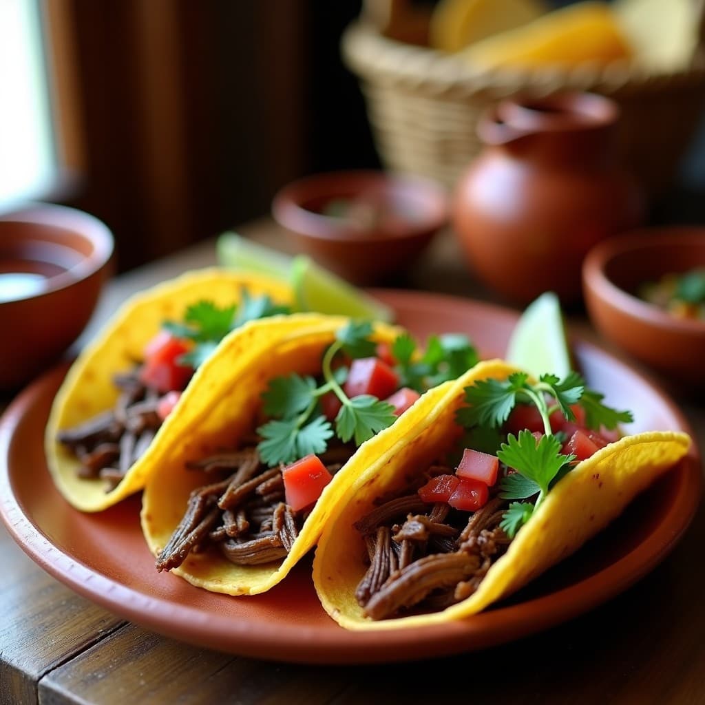 Plato de tacos de birria de res con consomé en olla lenta, tortillas de maíz azul rellenas de carne desmenuzada, queso Oaxaca derretido, cebolla morada y cilantro fresco, acompañados de un tazón de consomé espeso y aromático.