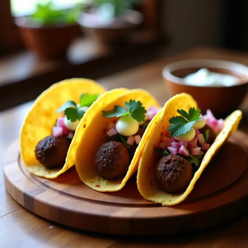 Tacos de maíz dorados rellenos de albóndigas de carne de res con especias mexicanas y café molido, servidos con cebolla morada encurtida, crema agria sin lactosa y hojas de cilantro fresco sobre una tabla de madera rústica.