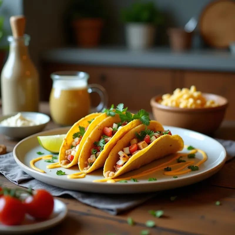 Tacos veganos de café con leche sobre plato de cerámica blanca, base crujiente de avena y dátiles rellena de crema de café y almendras, espolvoreados con cacao en polvo y canela.