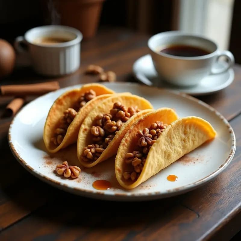 Plato blanco con tacos de café mexicano dorados y crujientes, decorados con nueces picadas y un hilo de miel de agave, sobre fondo rústico de madera.