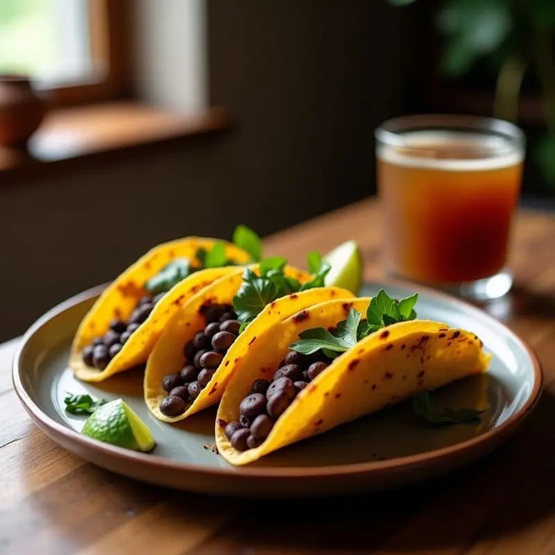 Plato con tacos dorados de harina de maíz azul rellenos de puré de frijol negro, decorados con hojas de epazote fresco, receta vegana mexicana de café con pulque.