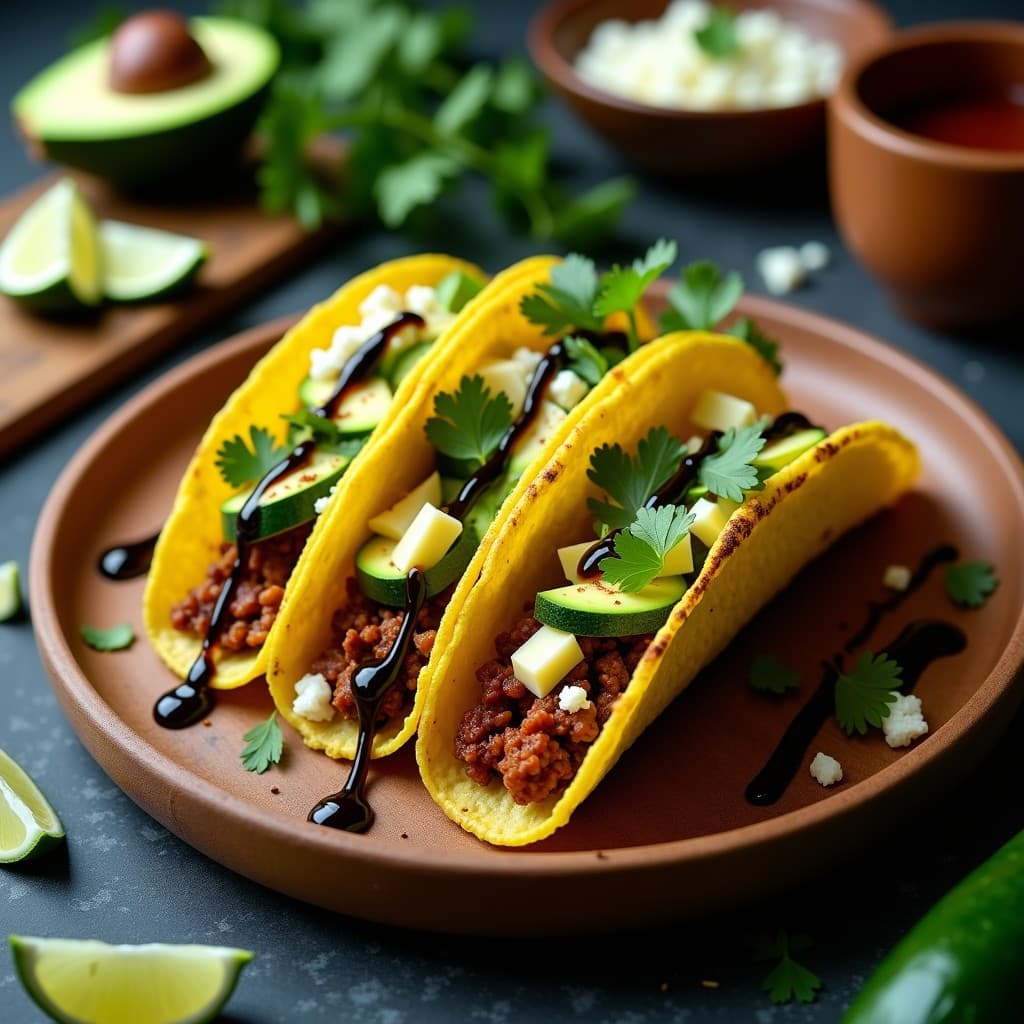 Tacos low-carb mexicanos con base de tiras de calabacín doradas en airfryer, rellenos de carne de soja texturizada especiada, aguacate y queso fresco, decorados con cilantro y salsa negra.