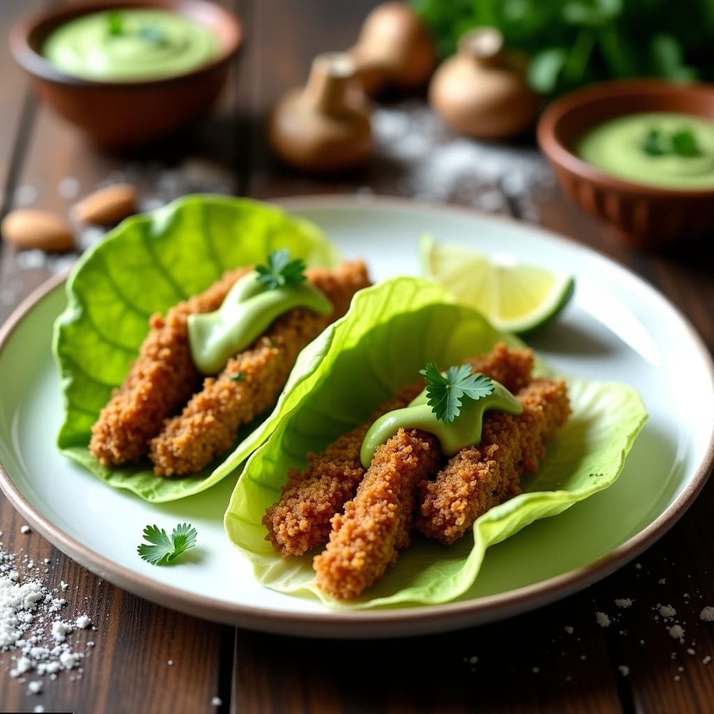 Tacos low-carb de láminas de calabacín fritas rellenas de hongos portobello dorados y crujientes rebozados en harina de almendra, acompañados de crema de aguacate, cebolla morada y jitomate picado sobre un plato de barro rústico.