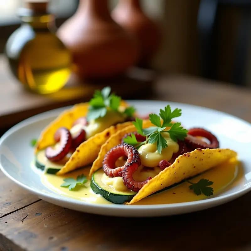 Tacos de calabacín dorado y crujiente rellenos de trozos de pulpo a la parrilla, coronados con alioli de azafrán cremoso y perejil fresco, servidos en un plato de cerámica blanca sobre fondo rústico de madera.