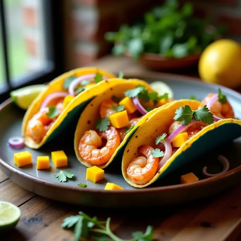 Plato de tacos abiertos de maíz azul rellenos de camarones ahumados dorados, trozos de mango fresco, cebolla morada en juliana, chile habanero y cilantro, con un toque de crema ácida y jugo de lima al lado. Receta de tacos de camarón ahumado con mango y habanero.