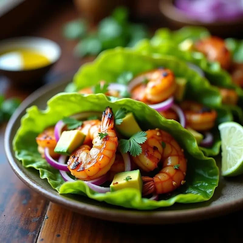Tacos de camarón al ajillo con nopales asados servidos en hojas de lechuga morada, decorados con cebolla morada y cilantro fresco, con un fondo rústico y limones cortados.