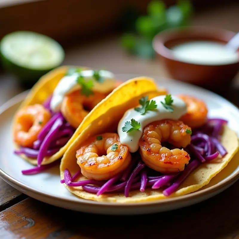 Tacos de camarón al ajillo con repollo morado y lime en airfryer, servidos en tortillas de maíz con salsa de yogur griego y perejil fresco. Plato colorido y apetitoso con toques de morado, blanco y verde.