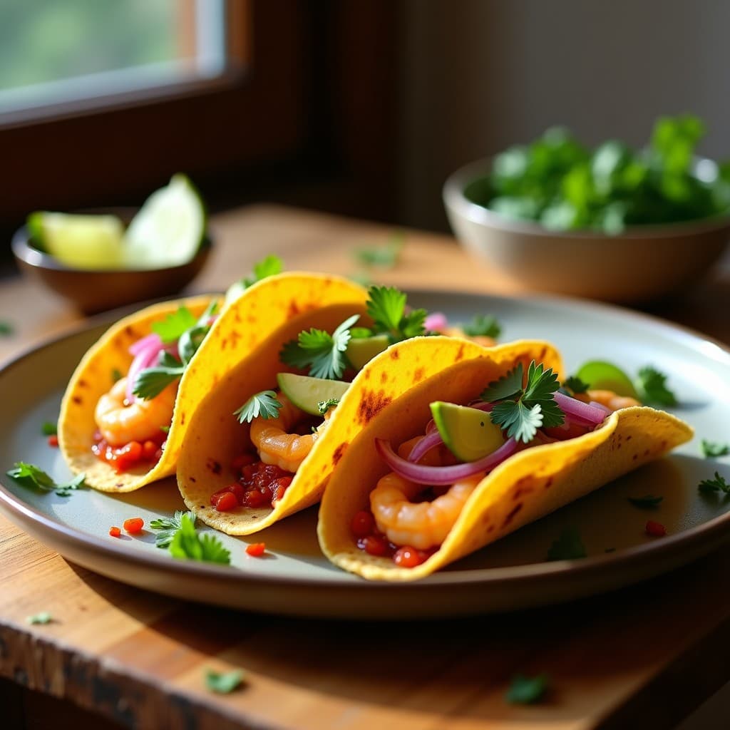 Plato de tacos abiertos con tortillas doradas de harina de grillo, rellenas de camarones salteados en ajillo con ajo, guindilla y cilantro, acompañados de cebolla morada y aguacate en cubos. Receta mexicana futurista y alta en proteína.
