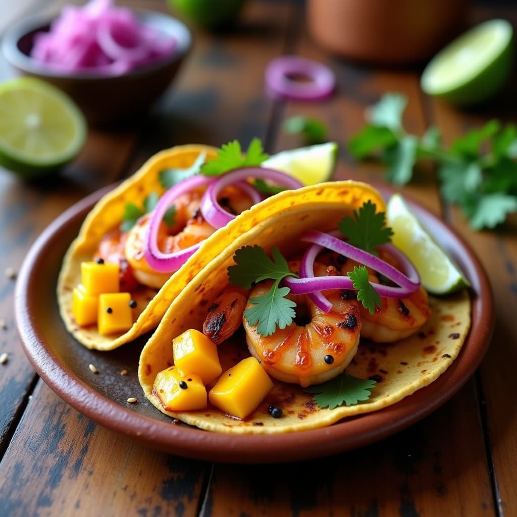 Tacos de maíz azul rellenos de camarones encurtidos dorados en airfryer, encurtido de mango Baha y cebolla morada, decorados con cilantro fresco sobre un plato de barro rústico con fondo de madera y limones cortados.