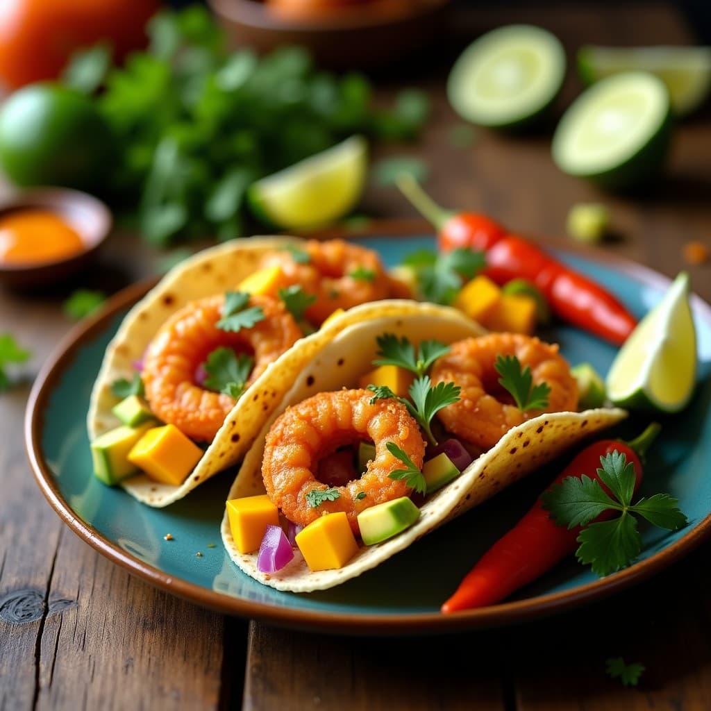 Tacos de camarón al mango-habanero en airfryer: tortillas de maíz azul rellenas de camarones dorados y crujientes, acompañados de cebolla morada, aguacate en cubos y cilantro fresco. Plato con fondo rústico y toques de salsa naranja del adobo caribeño.