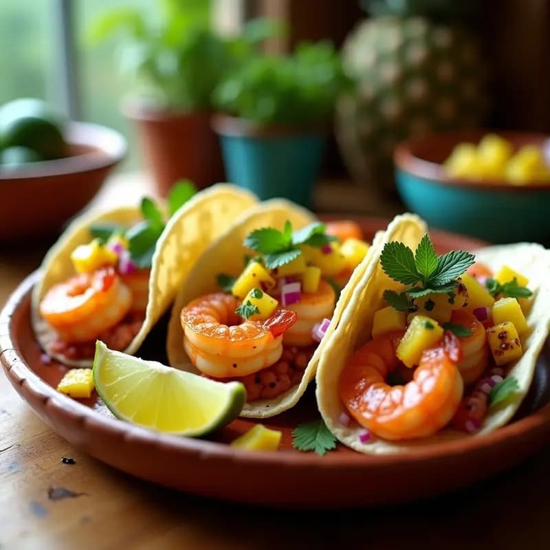 Tacos de maíz azul rellenos de camarones rosados salteados con hierbabuena, bañados en salsa de piña asada y chile serrano, decorados con hojas frescas y rodajas de lima sobre un plato de barro rústico.