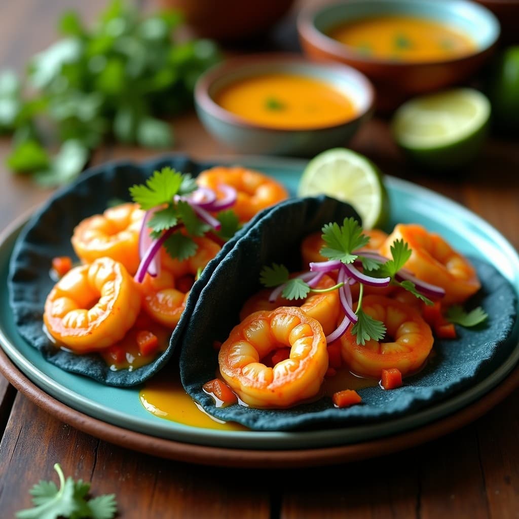 Plato de tacos de camarón con salsa de maracuyá en tortillas de maíz azules, decorados con cebolla morada, cilantro fresco y semillas de sésamo tostadas, sobre fondo rústico de madera con rodajas de lima verde.