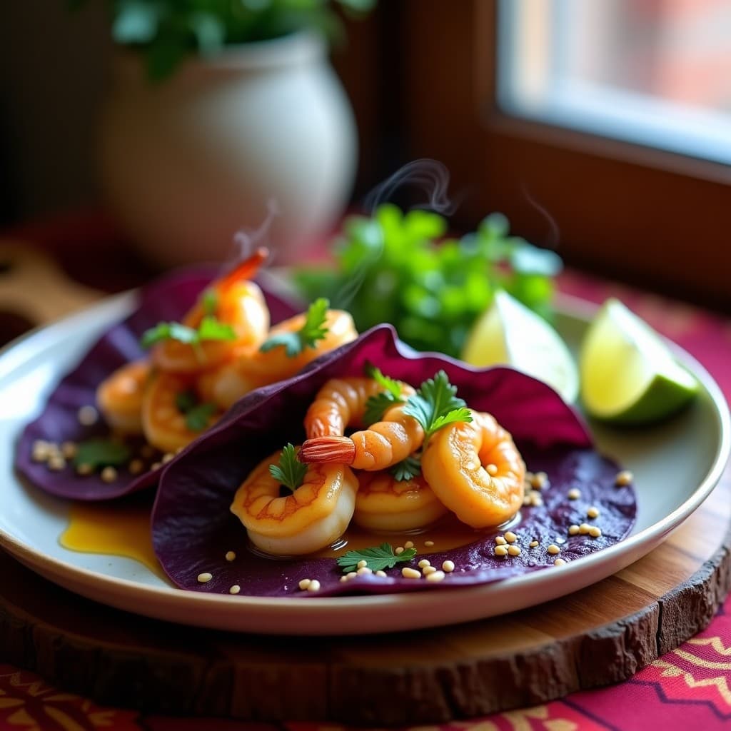 Tacos de camarones al ají amarillo con puré de batata morada keto, servidos en hojas de lechuga morada, decorados con semillas de sésamo y cilantro fresco sobre una bandeja de madera rústica.