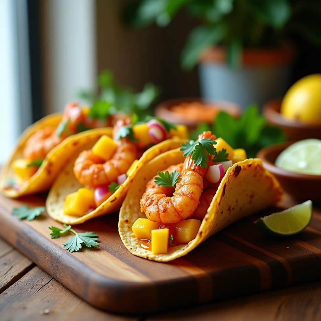 Tacos dorados de maíz rellenos de camarones al ajillo con trozos de mango fresco, cebolla morada, cilantro y crema de yogur griego, servidos en un plato rústico de barro con fondos de ajillo y limón. Receta fusion mexicano-española en airfryer.