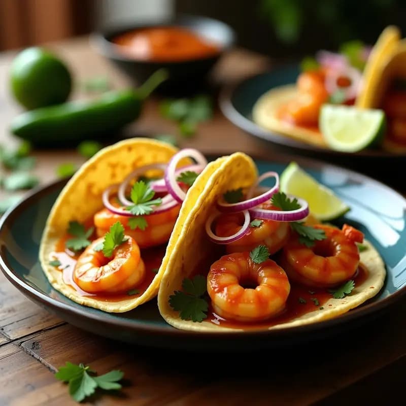 Tacos de camarones al ajillo y mojo de ajo servidos en tortillas de maíz azules, con cebolla morada en juliana, cilantro fresco y un toque de limón. Plato vibrante con colores intensos y textura jugosa, receta fusion mexicana-española con toque picante.