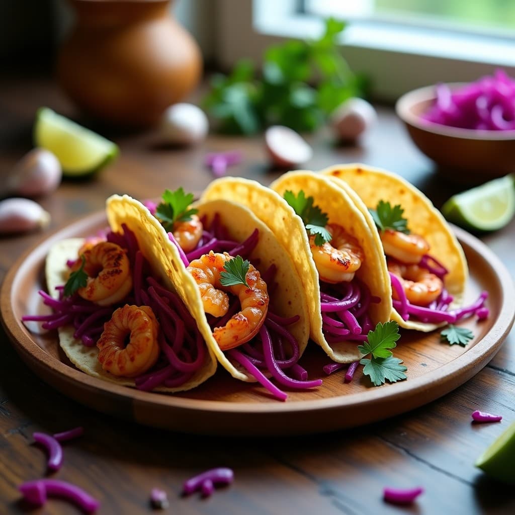 Tacos de camarones al ajillo con repollo morado encurtido en tortillas de maíz azules, servidos en un plato rústico con cilantro fresco y rodajas de limón, receta en airfryer sin rebozar.