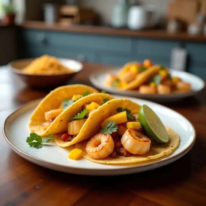 Tacos abiertos de maíz azul con camarones rosados marinados en achiote, cubos dorados de mango asado, cebolla morada y cilantro fresco, espolvoreados con chile de árbol molido sobre un plato de barro rústico.