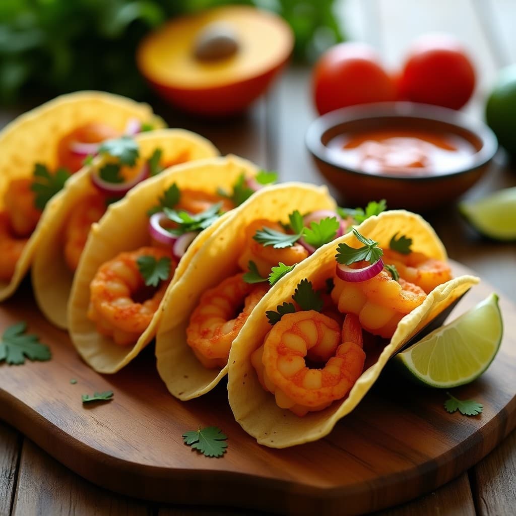 Tacos de camarones al mojo de ajo con salsa de chipotle y mango en airfryer, servidos en tortillas de maíz con cebolla morada y cilantro fresco, sobre un plato de barro rústico.