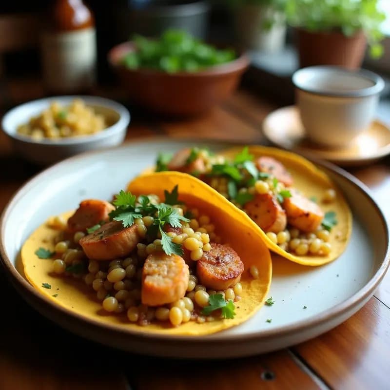 Tacos mexicanos gourmet con camarones dorados y crujientes, bañados en salsa de tamarindo brillante, decorados con crujiente de quinoa, cebolla morada y cilantro fresco sobre tortillas de maíz, servidos en plato de barro rústico.