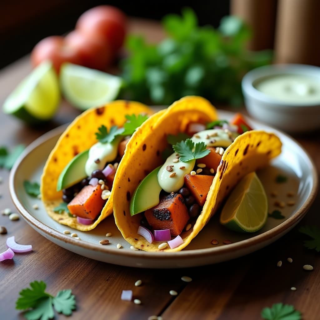 Plato con tacos de camote asado dorado y frijoles negros especiados en tortillas de maíz crujientes, acompañados de aderezo cremoso de lima, aguacate en láminas, cebolla morada picada y semillas de sésamo. Receta vegana en airfryer con texturas contrastadas.