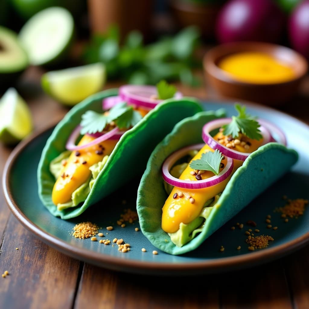 Tacos abiertos de maíz azul con cremoso aguacate verde, salsa amarilla de ají, cebolla morada y semillas de sésamo, receta peruana antioxidante con camu camu.