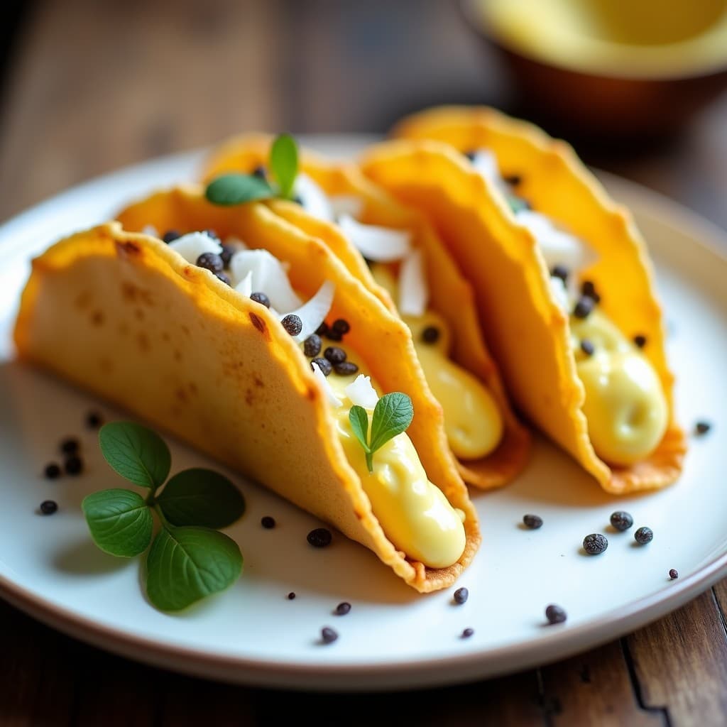 Tacos dorados de maíz azul rellenos de crema amarilla suave de lúcuma y camu camu, espolvoreados con coco rallado y semillas de chía, servidos en plato blanco sobre fondo rústico. Postre peruano antioxidante en Airfryer.
