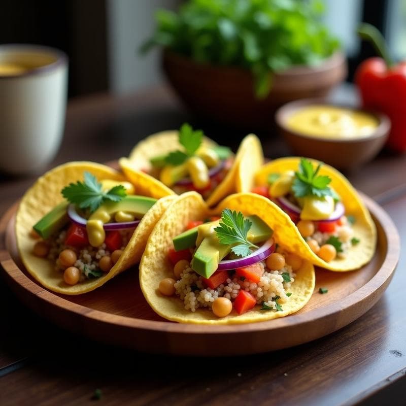 Plato colorido con tacos de maíz rellenos de quinoa, garbanzos y verduras, decorados con aguacate, cilantro y salsa de ají amarillo, servidos en una mesa rústica con fondo de cocina moderna.