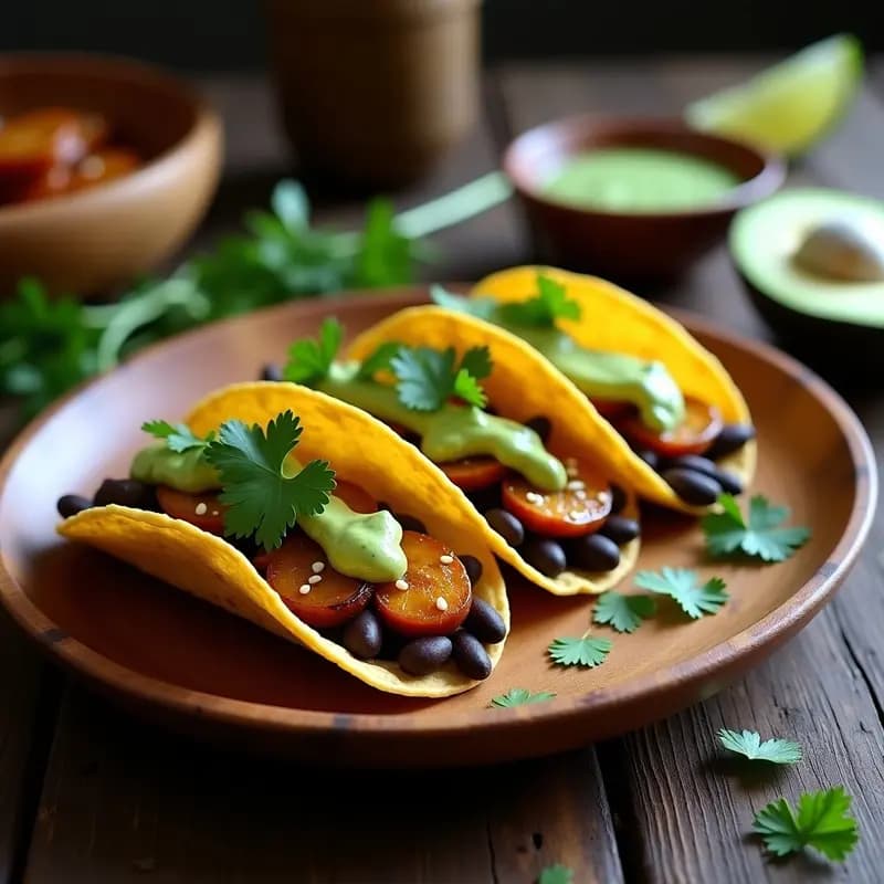 Tacos de maíz rellenos de caraotas negras especiadas, rodajas de plátano maduro caramelizado y salsa guasacaca cremosa, servidos en un plato de madera con semillas de sésamo espolvoreadas. Receta venezolana vegana en airfryer.