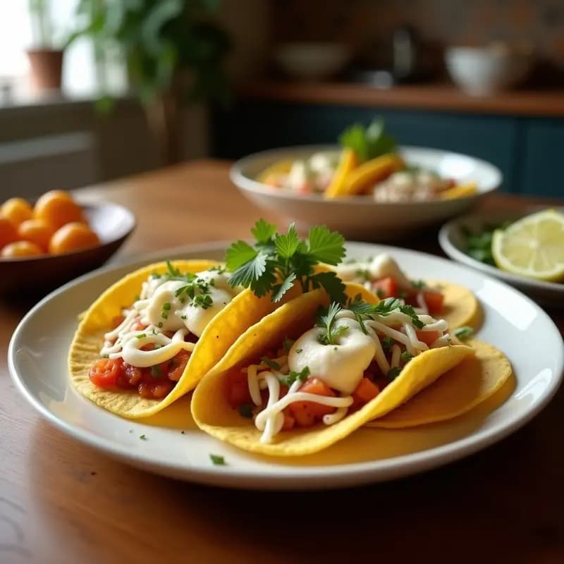 Tacos dorados de carimañola de yuca rellenos de pulpo al olivo, con aceitunas kalamata y perejil fresco, servidos en un plato de madera con toque mediterráneo y colombiano.