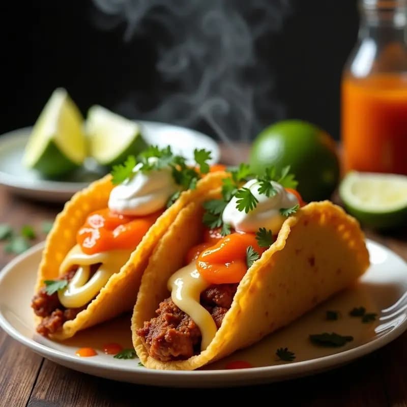 Tacos dorados rellenos de carnitas fritas crujientes, queso mozzarella derretido estirado en hebras largas, salsa de piña habanera brillante y cebolla morada, servidos en plato rústico con cilantro fresco. Receta de tacos de carnitas fritas con queso y salsa de piña habanera.