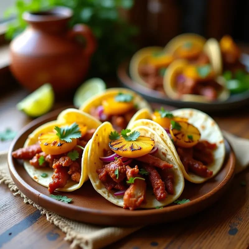 Plato de tacos de carnitas al pastor con piña asada en tortillas de maíz, decorados con cebolla morada, cilantro fresco y salsa verde, sobre hojas de plátano con fondo rústico.