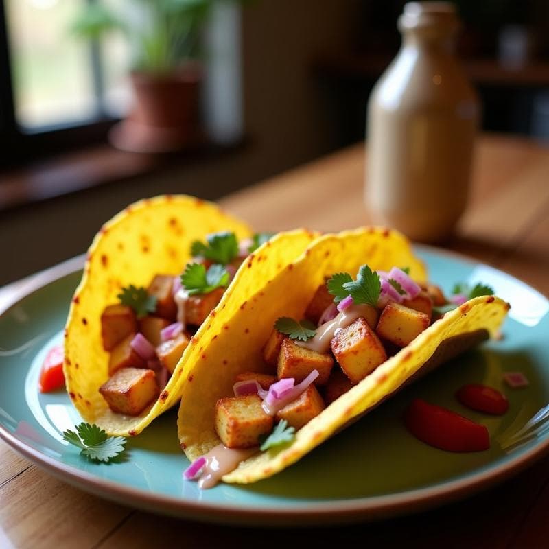 Plato de tacos mexicanos con cáscara de piña dorada, tofu ahumado en cubos, cebolla morada, cilantro fresco y salsa de chipotle, servidos en tortillas de maíz sobre un mantel rústico.