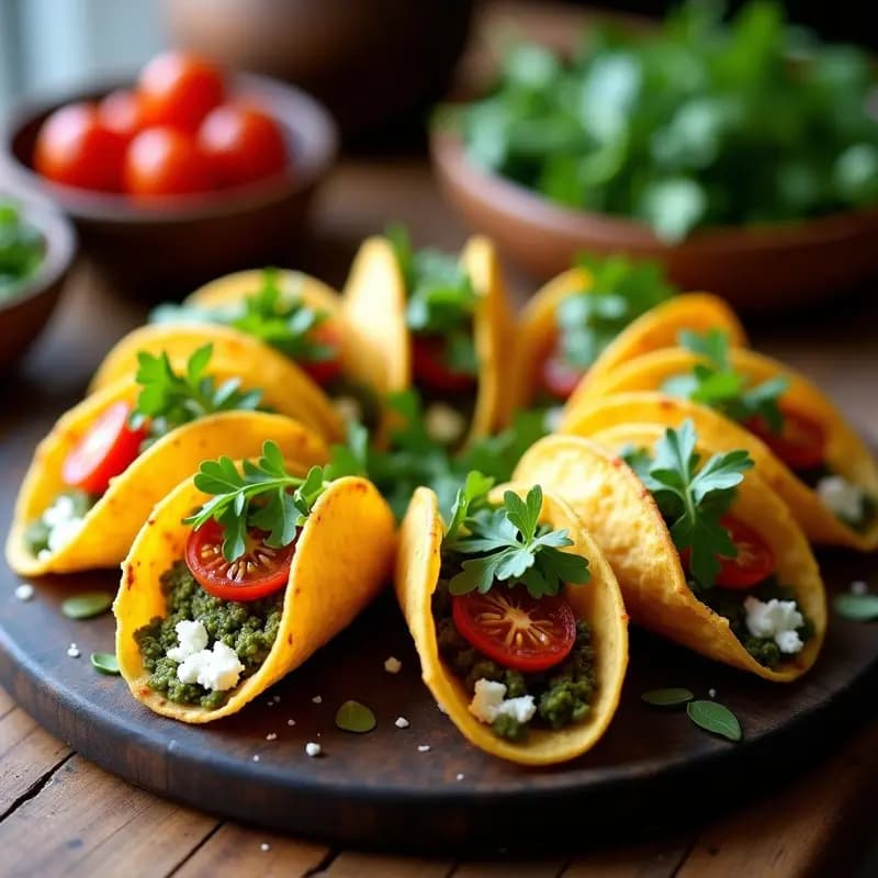 Tacos de cáscara dorada de queso parmesano rellenos de pesto verde de rúcula y tomates secos naranjas, con queso de cabra blanco desmenuzado. Plato viral keto con presentación impecable sobre fondo de madera oscura.