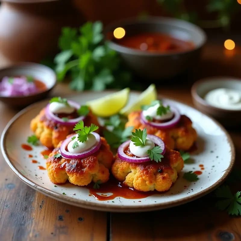 Tacos dorados de cauliflor rellenos de trozos de pollo al adobo de chipotle, acompañados de crema agria, cilantro fresco y rodajas de jalapeño, servidos en un plato de barro sobre una mesa rústica.