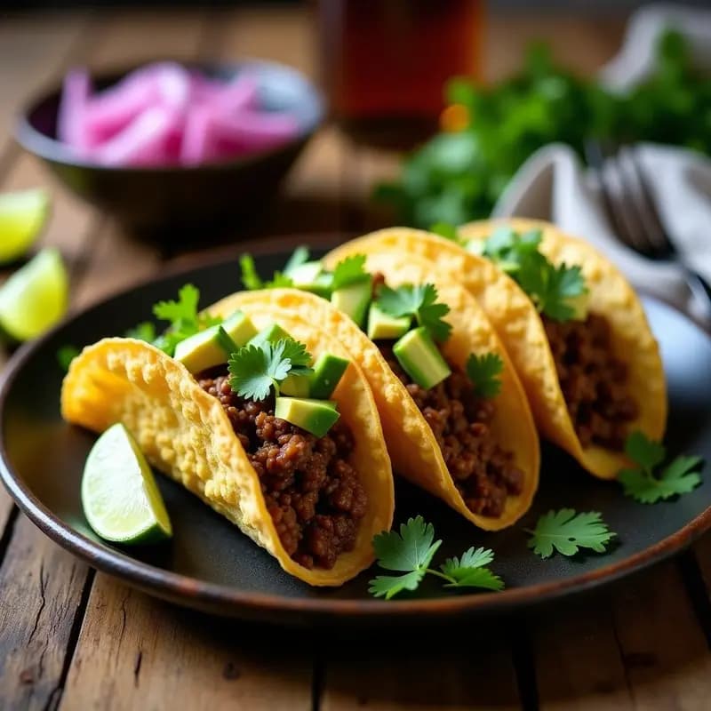 Plato con tacos de coliflor dorados rellenos de carne molida especiada, aguacate en cubos y cilantro fresco, servidos sobre papel de horno rústico.